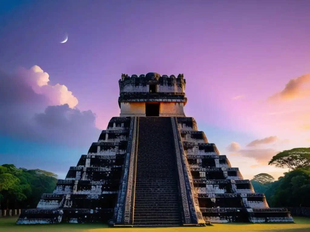 Alineación astronómica templos mayas: Templo maya con el sol poniéndose detrás, resaltando la precisión arquitectónica y significado astronómico