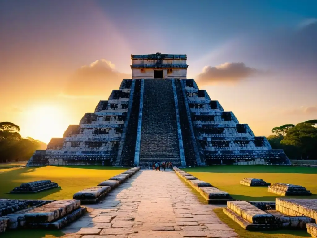 Alineación astronómica templos mayas: amanecer dorado sobre Chichén Itzá en equinoccio de primavera, maravilla arqueoastronómica