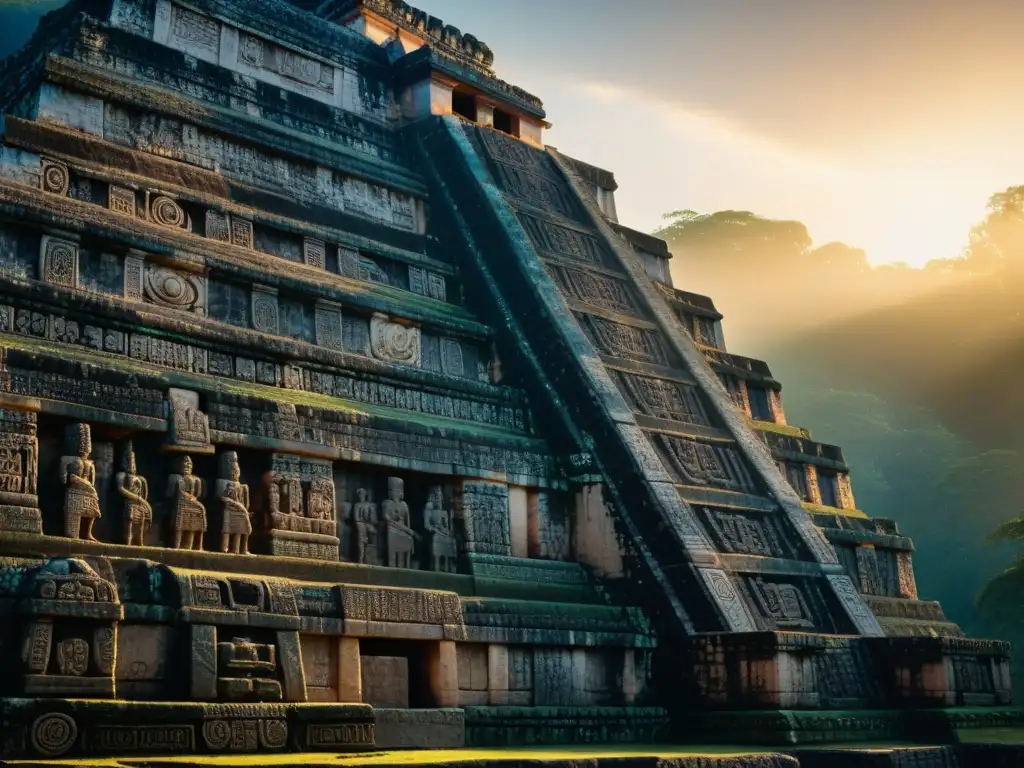 Alineación astronómica templos mayas: Antiguos relieves y símbolos iluminados por el sol naciente en un templo maya