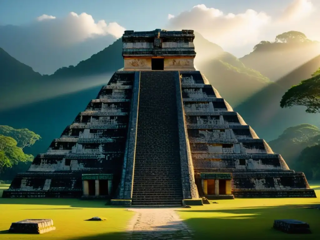 Alineaciones astronómicas en arquitectura maya: detalle de pirámide con solsticio, luz incidiendo en símbolo tallado