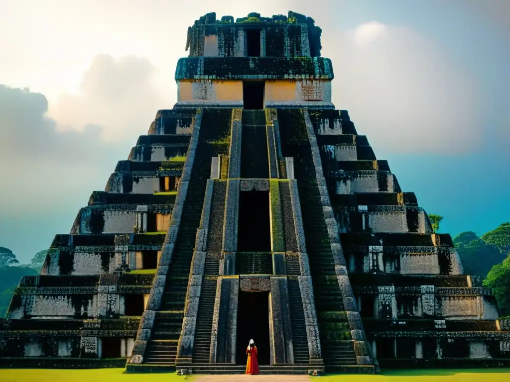 Alineaciones astronómicas en Tikal: Detalles del Templo del Gran Jaguar al amanecer, con sombras dramáticas en las antiguas esculturas de piedra