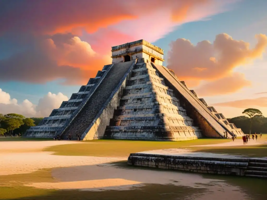 Alineaciones astronómicas civilización maya: Ruinas de Chichen Itza al atardecer, El Castillo destacado en el cielo naranja y rosa