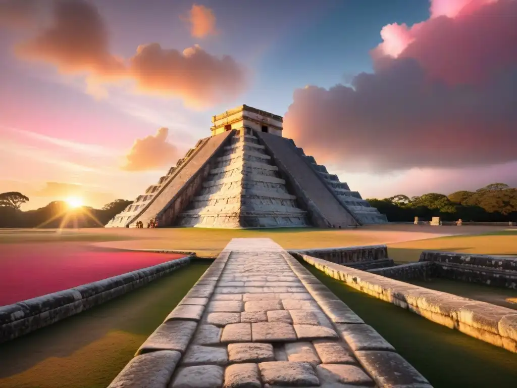 Explora las alineaciones astronómicas mayas en Chichén Itzá al amanecer, con El Castillo bañado en luz dorada y turistas maravillados