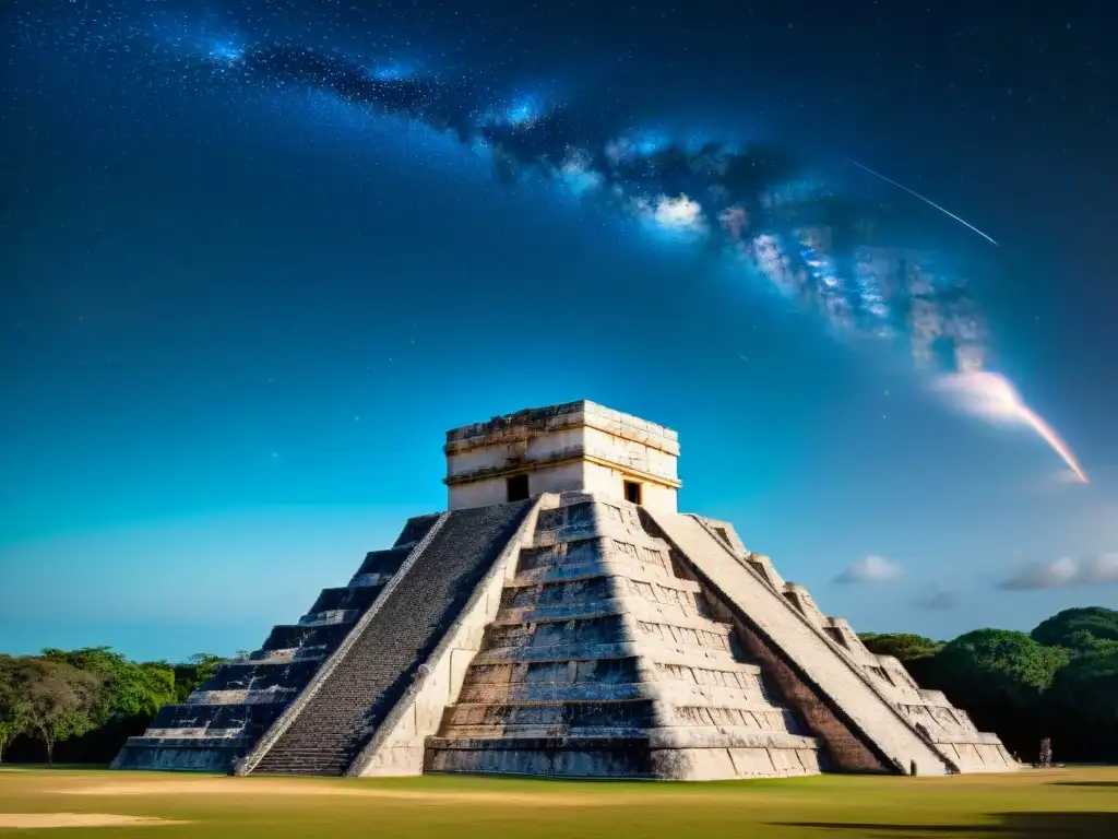 Observatorio maya en Chichen Itza: detallada conexión estelar Alineaciones celestes en cultura maya: detallada imagen del observatorio maya en Chichén Itzá bajo un cielo estrellado