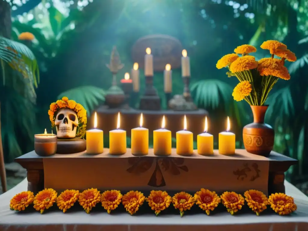 Un altar maya en la celebración del Día de los Muertos, decorado con flores, velas y papel picado, en la selva