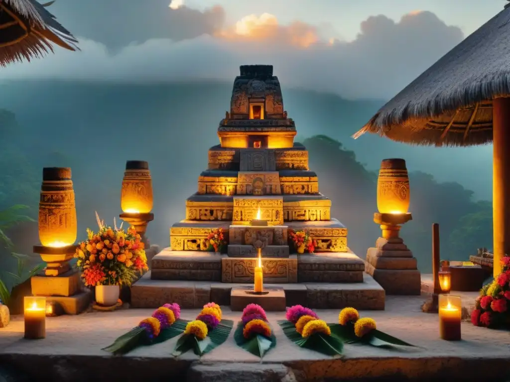 Altar maya ceremonial con ofrendas de flores y frutas, sacerdotes encendiendo incienso al atardecer