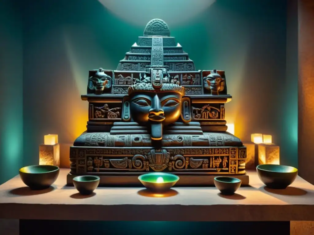 Altar maya detallado con jeroglíficos y dioses, cuencos de ofrendas de sangre, cuchillos de obsidiana y amuletos de jade