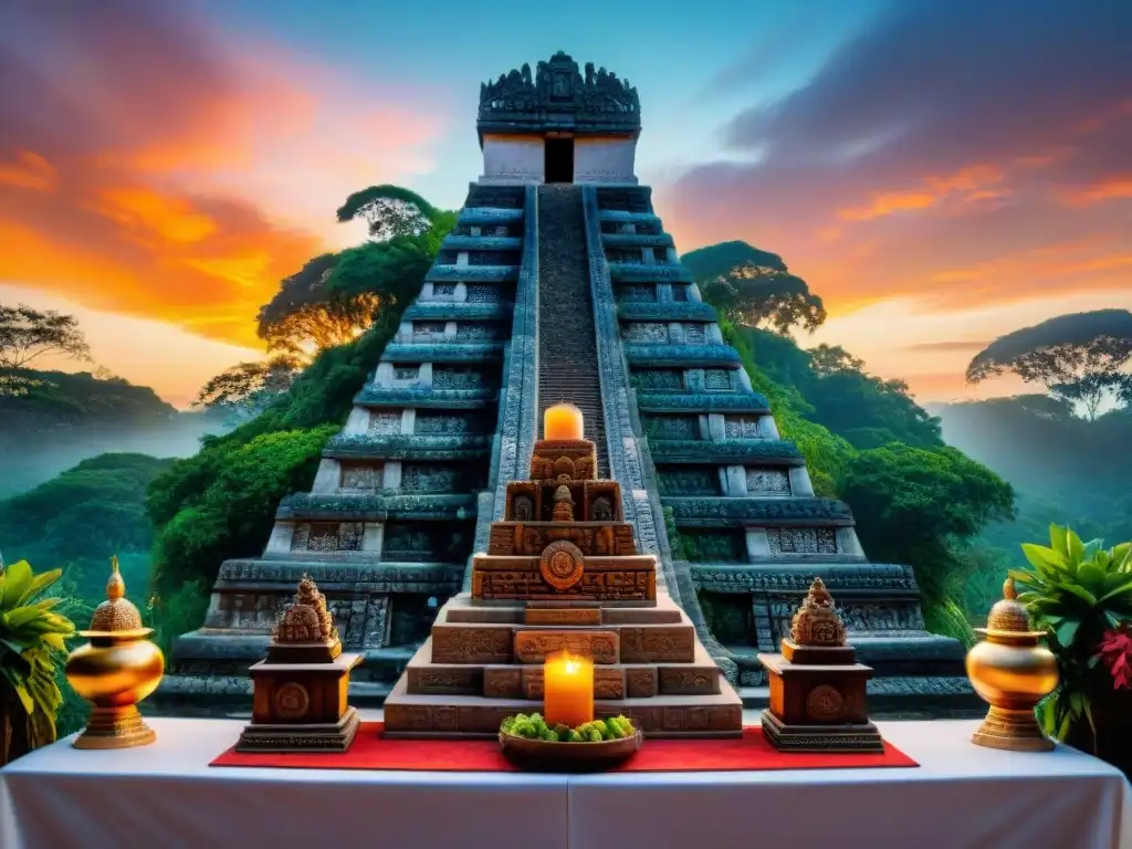 Un altar maya detallado con ofrendas y grabados, iluminado por una puesta de sol vibrante