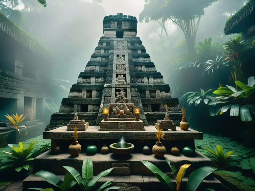 Un altar maya detallado en la selva con dioses tallados, ofrendas de jade y plumas