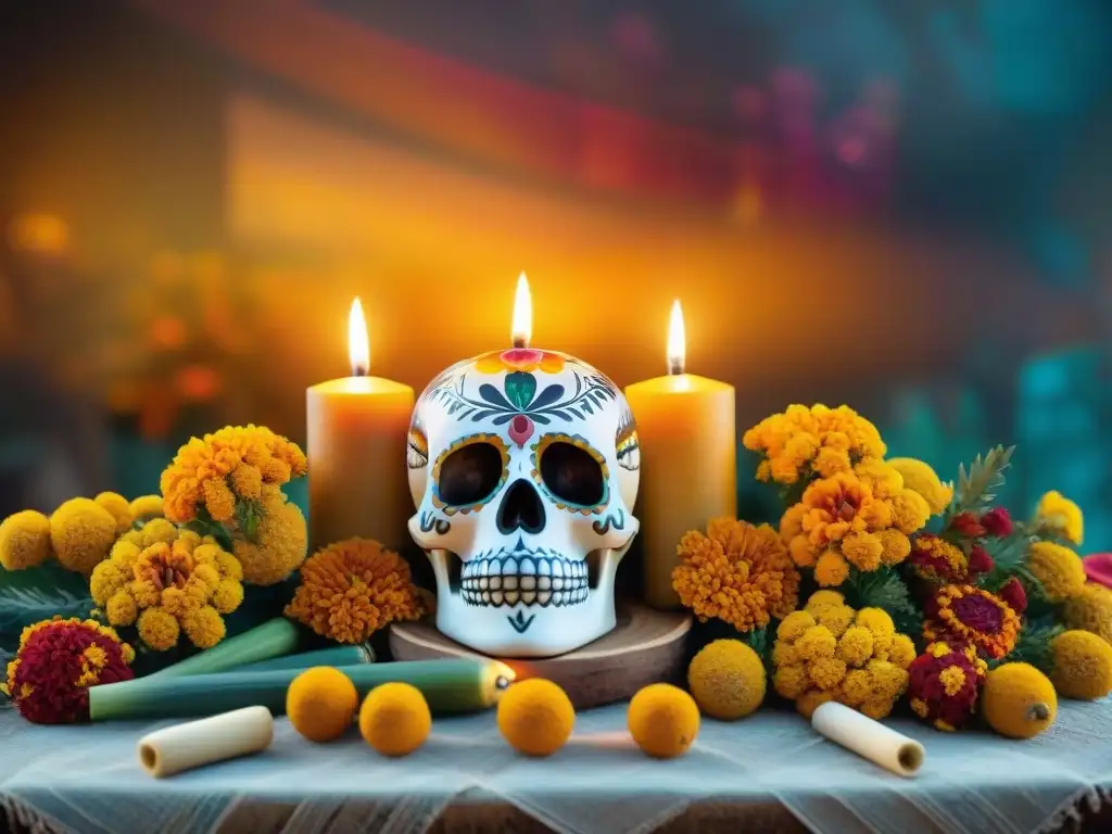 Un altar maya lleno de coloridas ofrendas y decoraciones en la celebración Día de los Muertos Maya