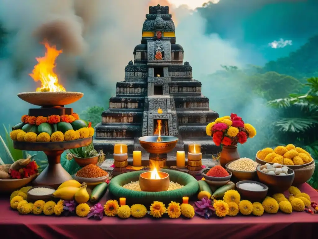 Altar maya con ofrendas de maíz, cacao y frutas, incienso de copal y flores coloridas en la selva