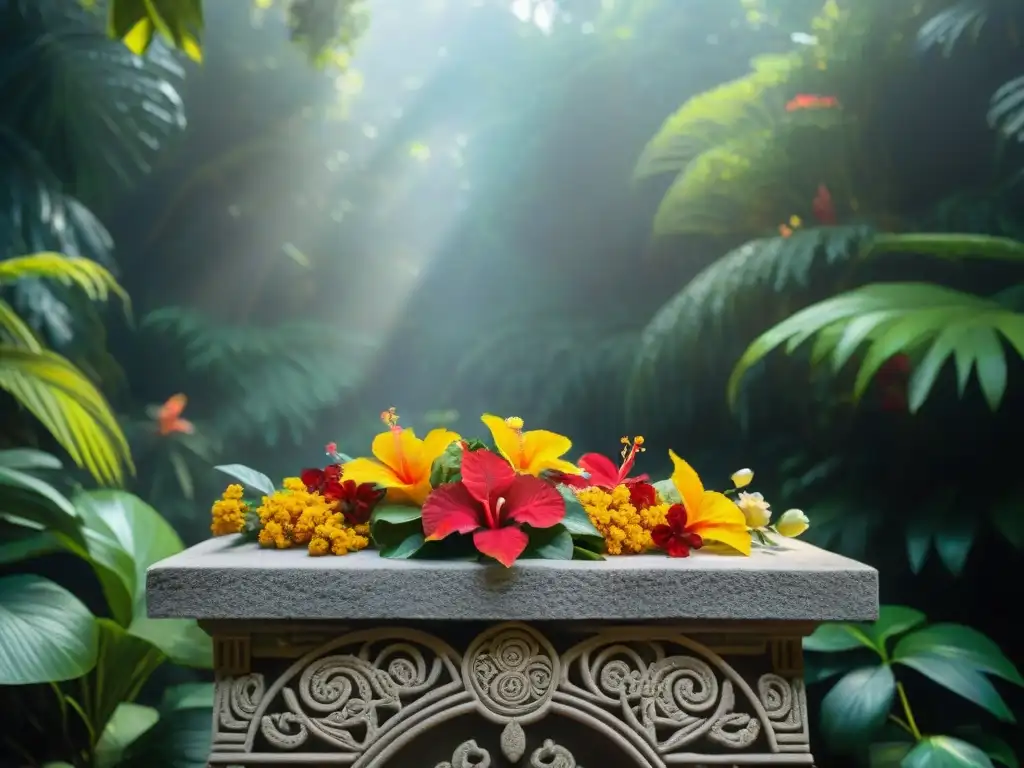 Un altar maya de piedra tallada con flores tropicales en la selva: hibiscos rojos, orquídeas blancas y cempasúchil dorados