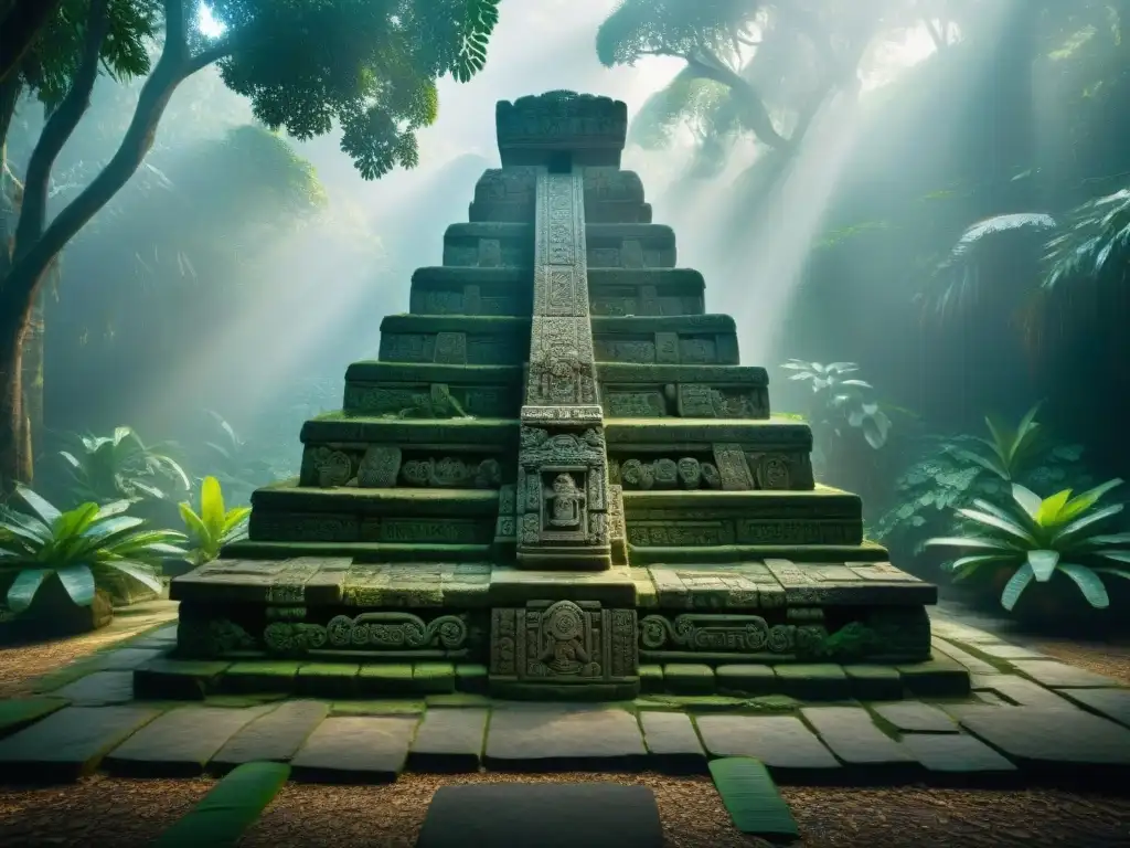 Un altar maya preservado con símbolos divinos, rodeado de naturaleza exuberante y misteriosa