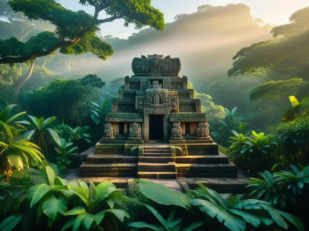 Altar maya tallado en piedra, iluminado por el amanecer en la selva