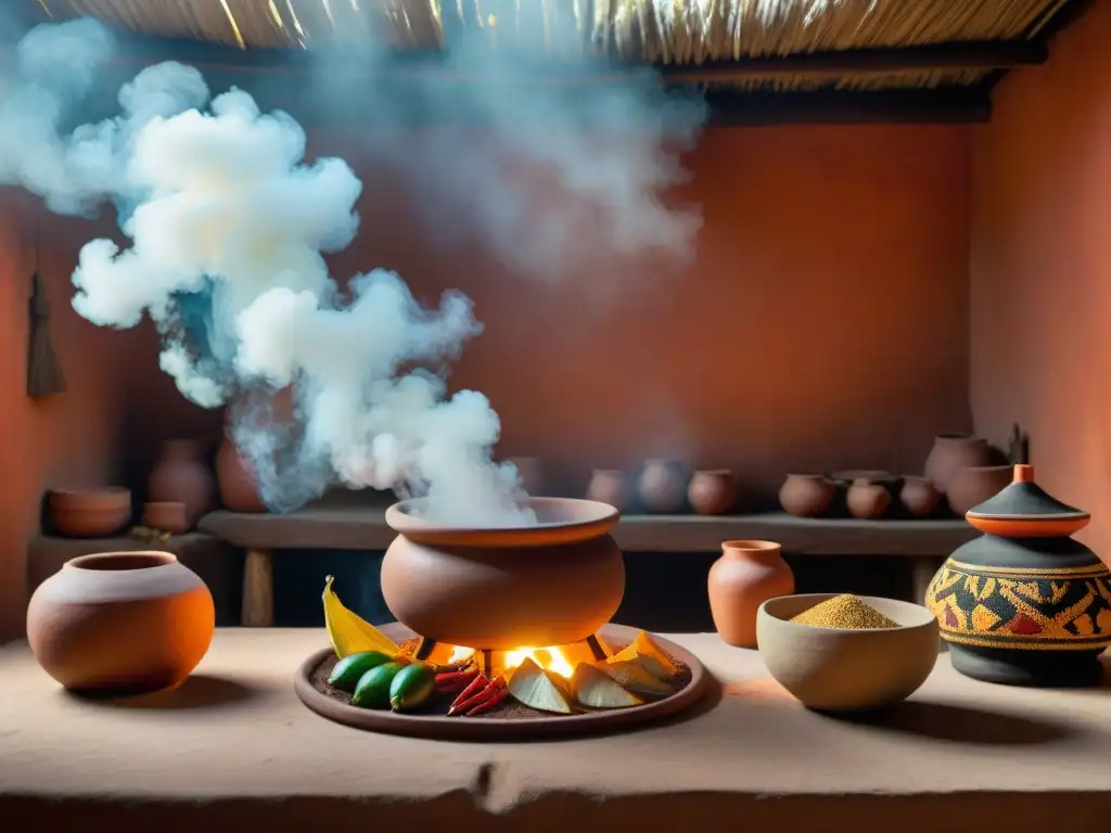 Altar Maya de cocina: ingredientes sagrados y chamán en ceremonia Un altar maya tradicional con ingredientes sagrados en platos de arcilla, iluminado por el fuego