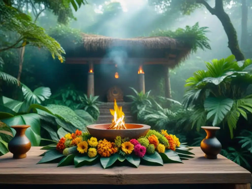 Un altar de piedra con flores y frutas, un chamán maya realiza un ritual sagrado en la jungla