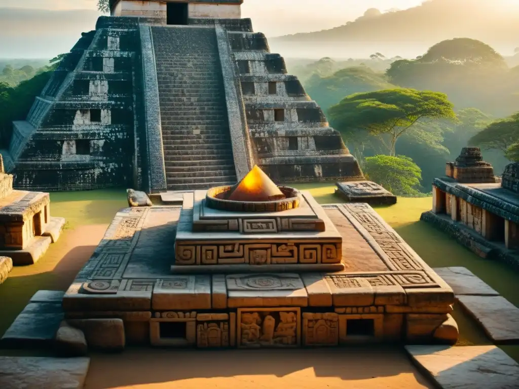 Altar de piedra maya con grabados y jeroglíficos, iluminado por el cálido sol poniente