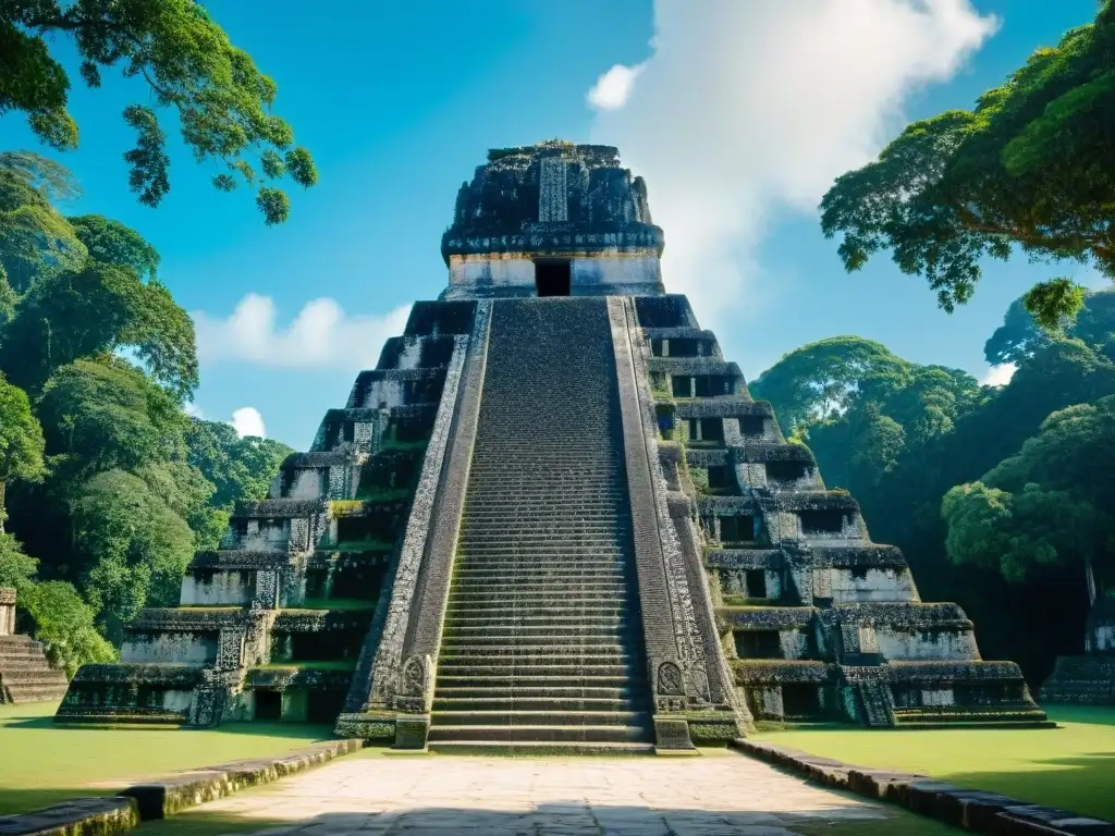 Altar de piedra maya tallado rodeado de exuberante vegetación en Tikal