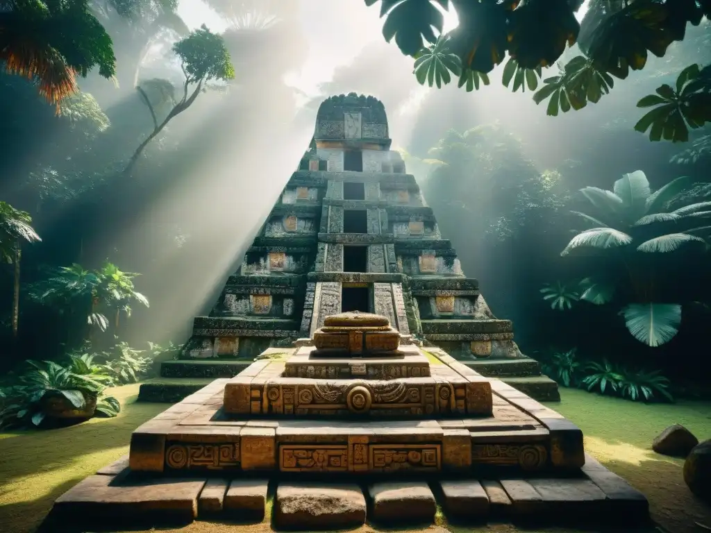 Altar de piedra en sitio arqueológico maya con detalles de deidades y prácticas rituales, iluminado por la selva