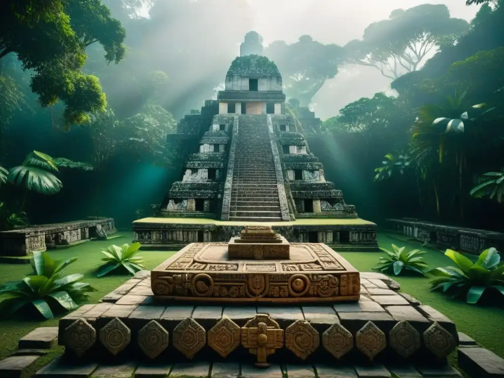 Un altar de piedra en un sitio arqueológico maya, con grabados detallados de un sacrificio ceremonial