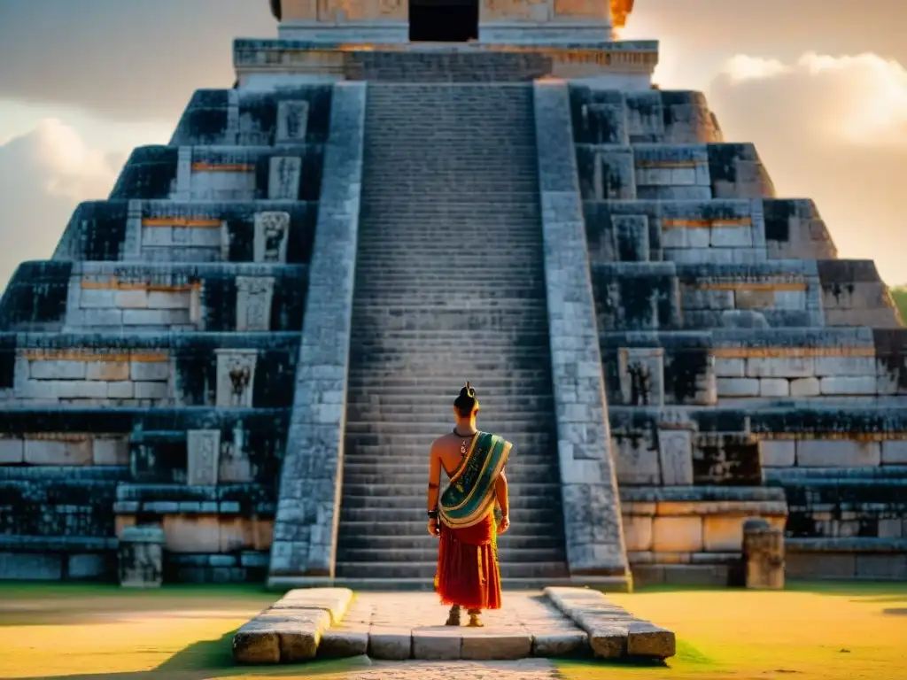 Altar de piedra tallada en Chichén Itzá al atardecer, con jeroglíficos y motivos de sacrificios humanos mayas en alta definición