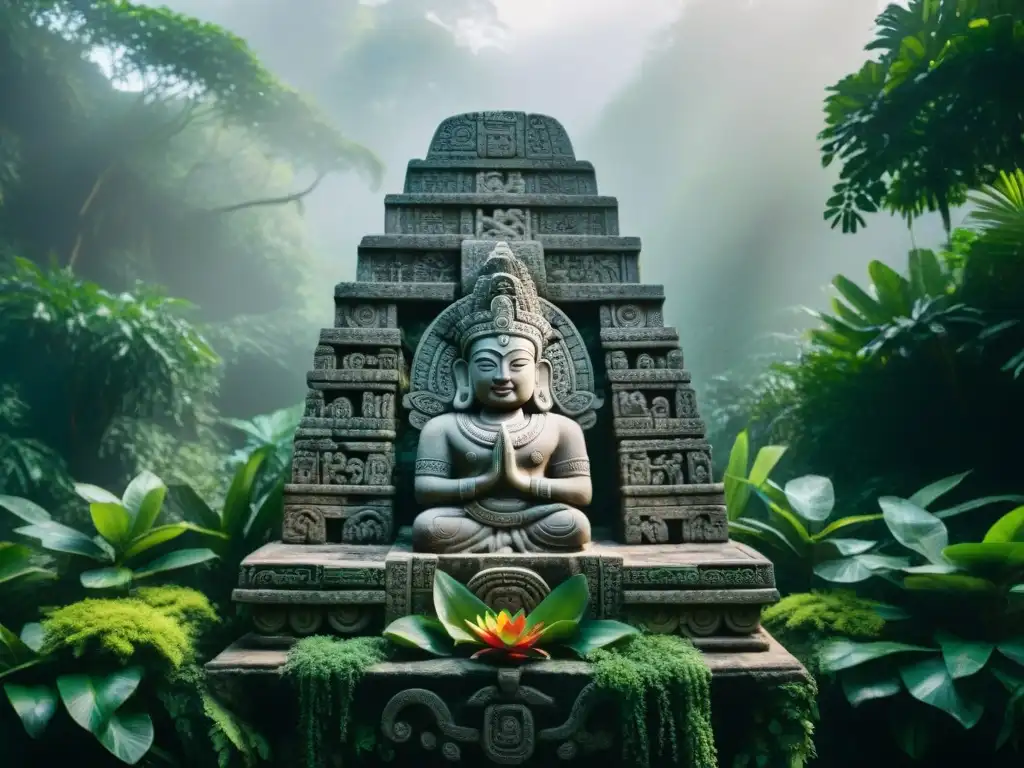 Altar de piedra tallada con Chaac, dios maya de la lluvia, rodeado de arroyos simbolizando pureza y vida