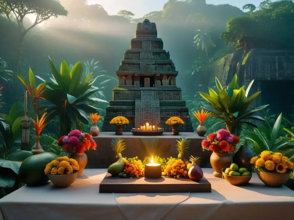 Un altar de piedra tallada en medio de la selva, rodeado de jeroglíficos mayas y ofrendas