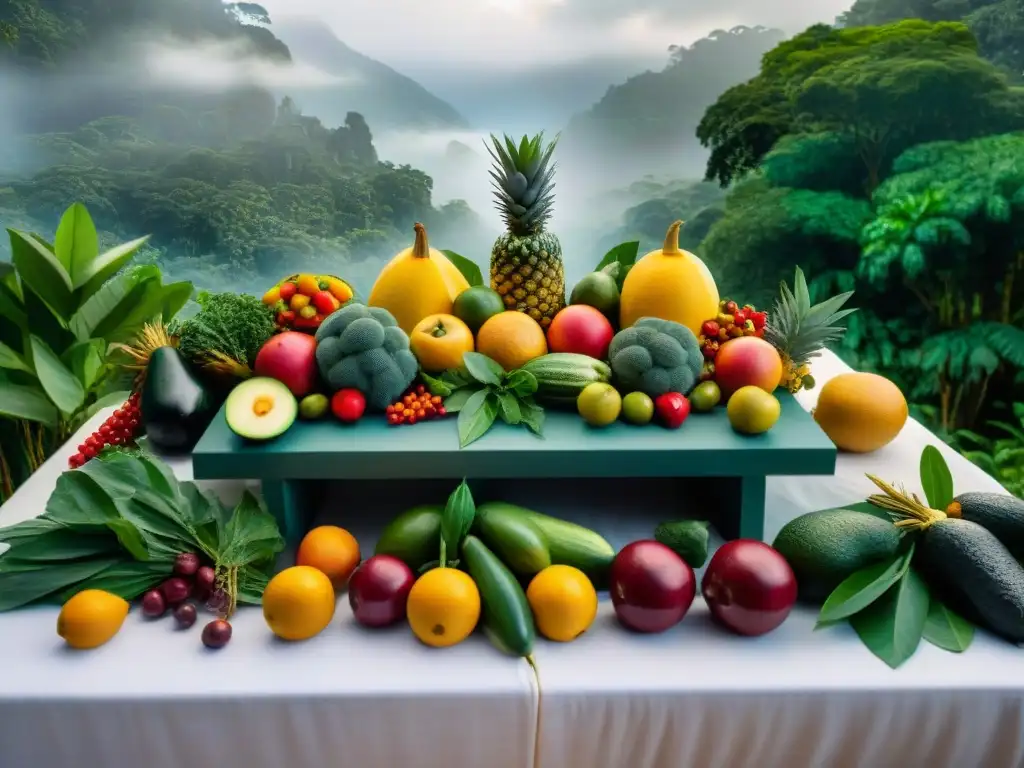 Un altar de piedra tallada con ofrendas de frutas, verduras y hierbas, en la selva Maya