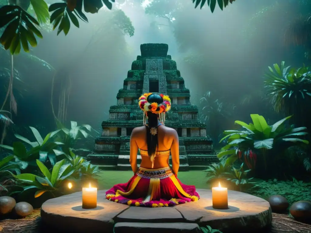 Un altar de piedra tallada en la selva maya, rodeado de danzas rituales mayas significado, colores vibrantes y velas