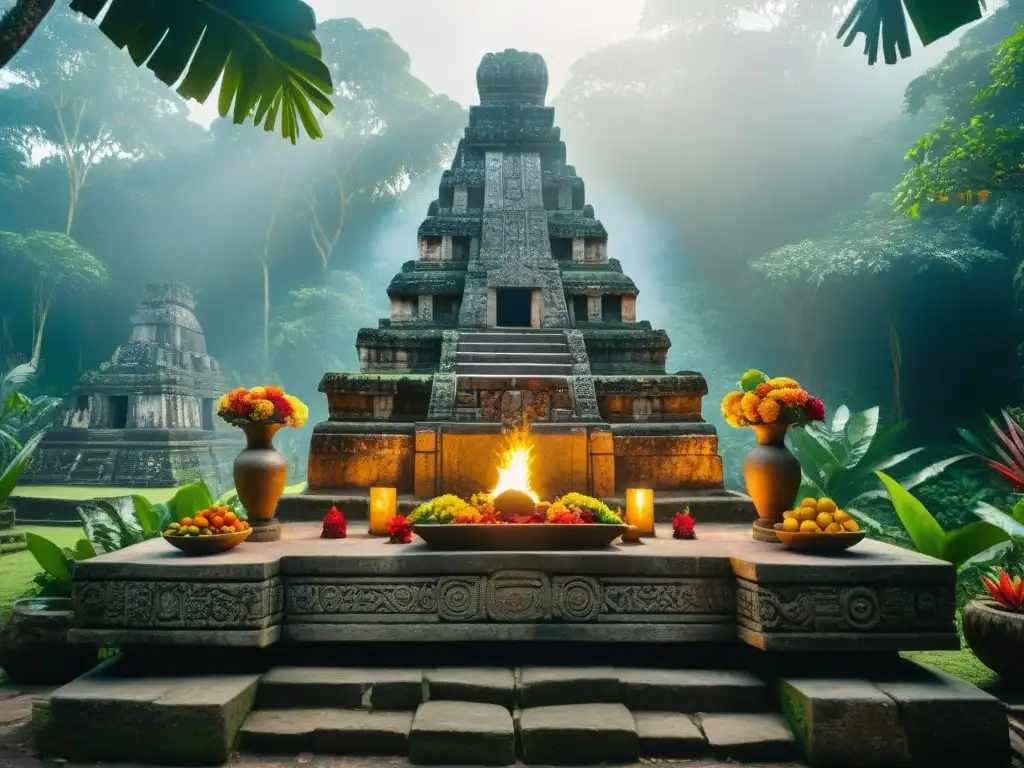 Un altar de piedra tallada en la selva, con ofrendas de flores y frutas