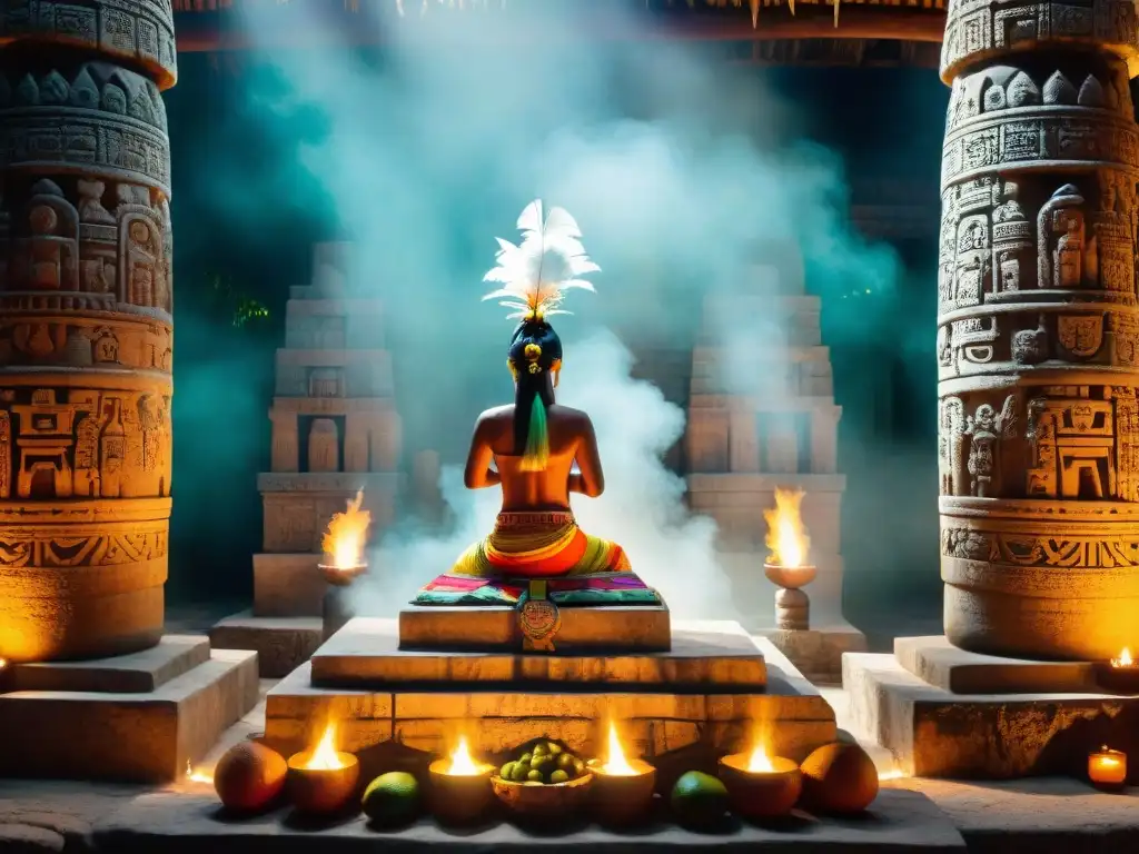 Un altar de piedra tallada en un templo maya, con ofrendas y sacerdotes en ritual