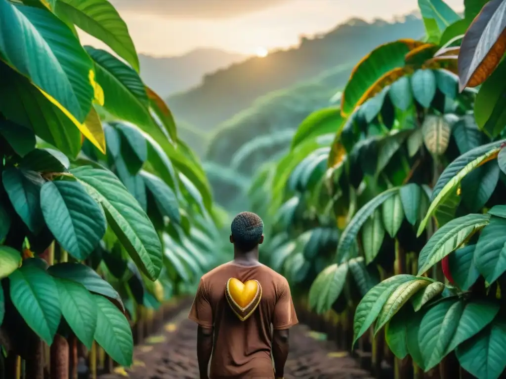 Un amanecer mágico en una plantación de cacao maya, resaltando la belleza natural y los beneficios del cacao maya