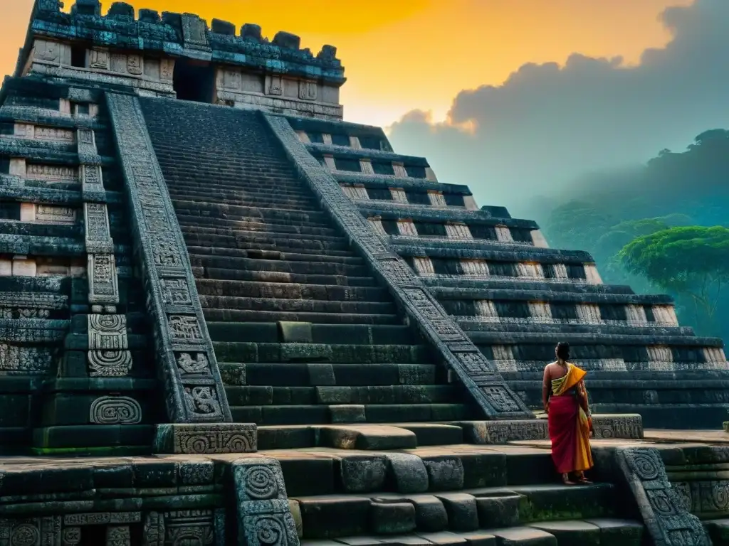 Descubriendo el amanecer de la civilización maya en el templo de Ceibal, con luz dorada iluminando las antiguas esculturas y glifos