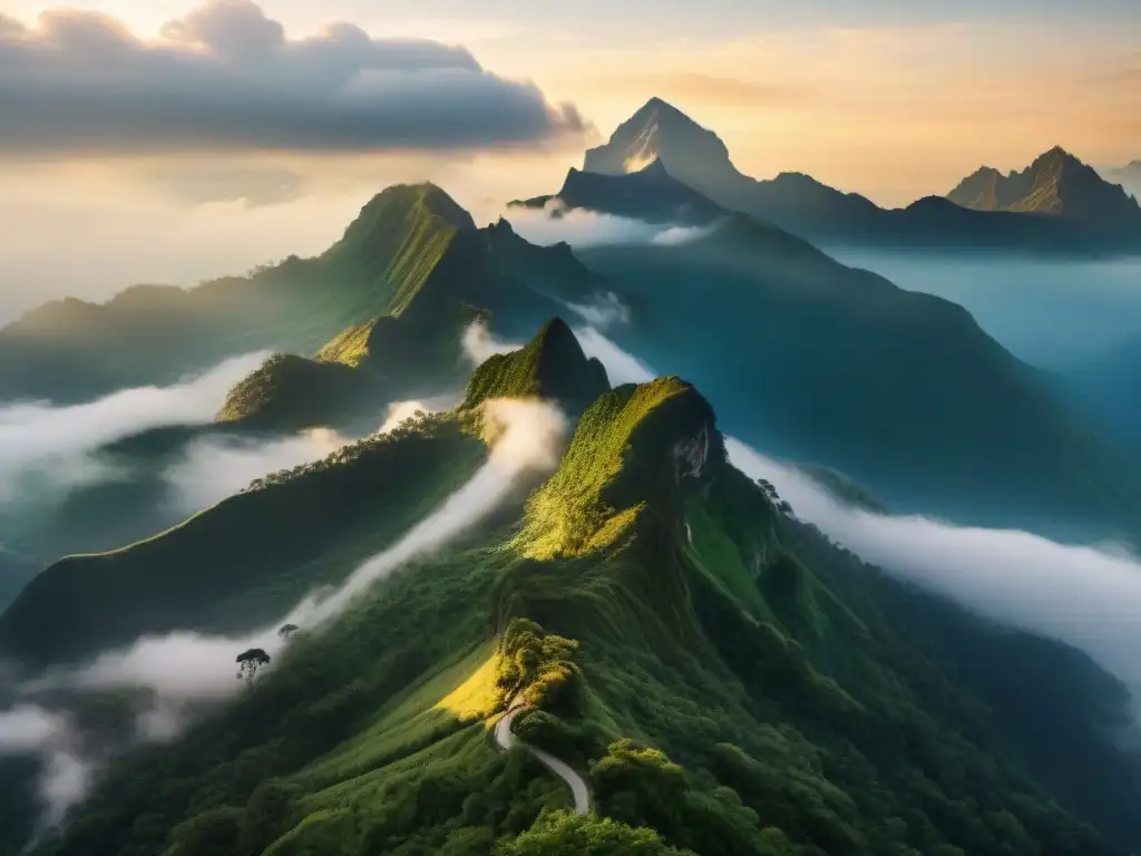 Amanecer místico en las montañas, evocando el Misterio de Zipacna con sus picos y cascadas