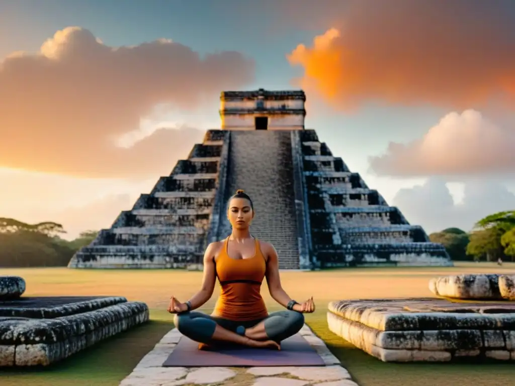 Un amanecer sereno sobre Chichén Itzá, con una figura practicando yoga entre ruinas mayas