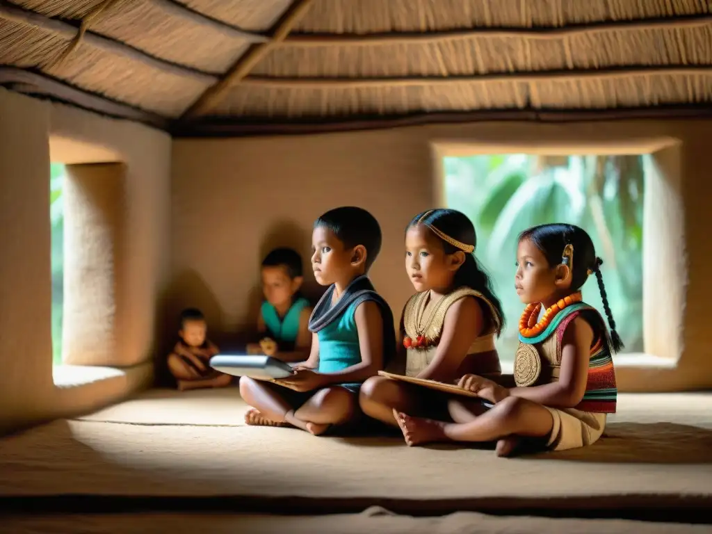 Un ambiente mágico donde niños mayas usan programas interactivos educativos mayas en una choza tradicional iluminada por luz natural