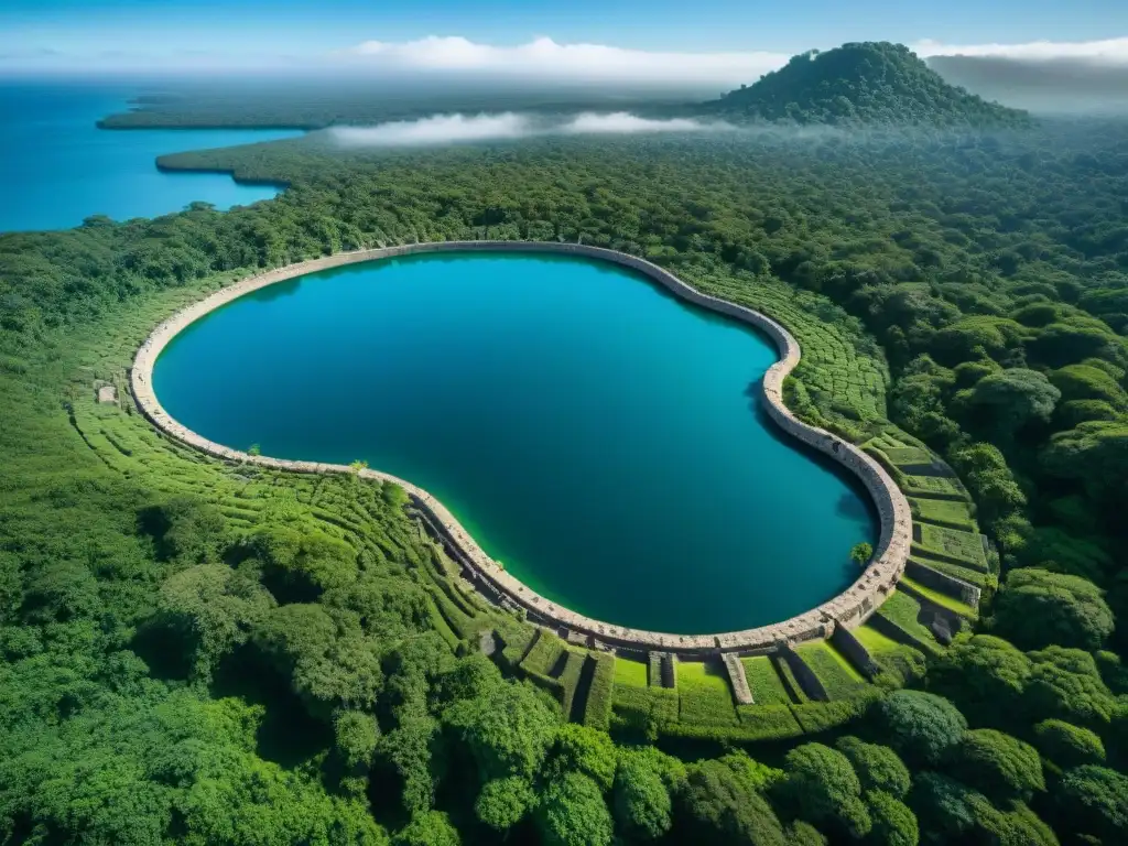 Ingeniería ancestral de cosecha de lluvia maya en reservorios de piedra caliza rodeados de exuberante vegetación tropical bajo cielo azul