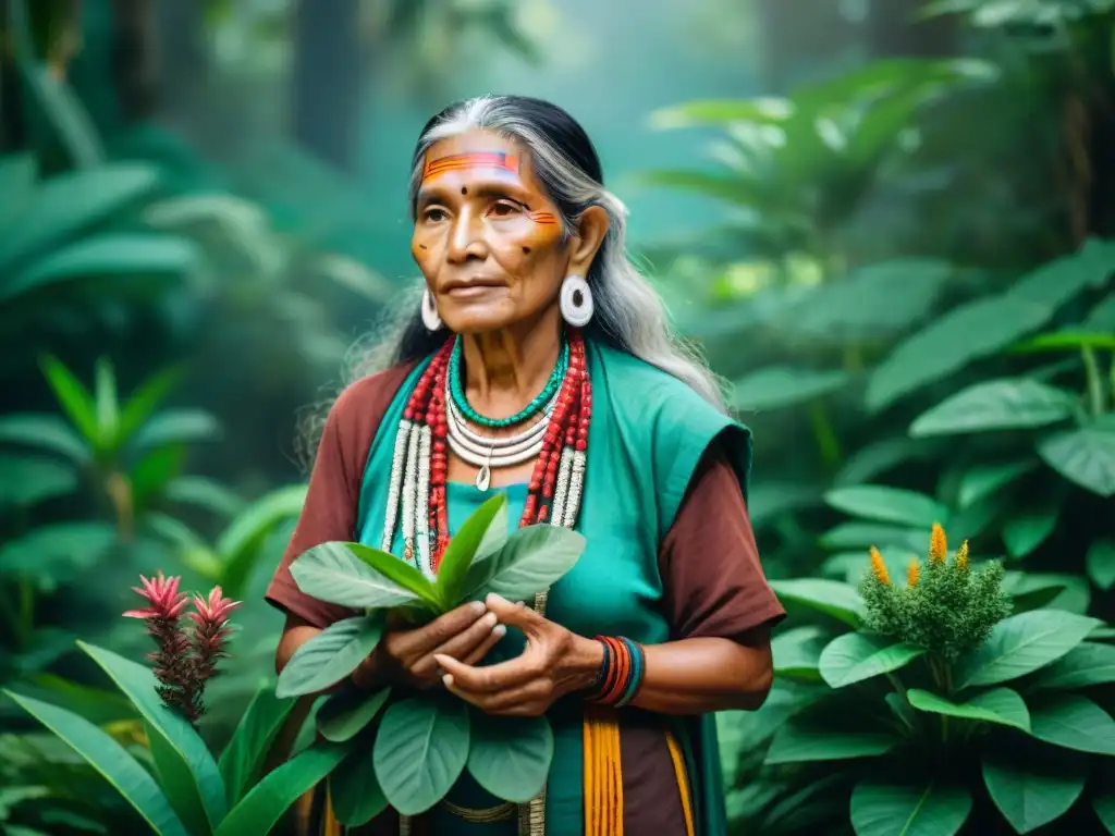 Una anciana curandera Maya rodeada de hierbas curativas en la exuberante selva
