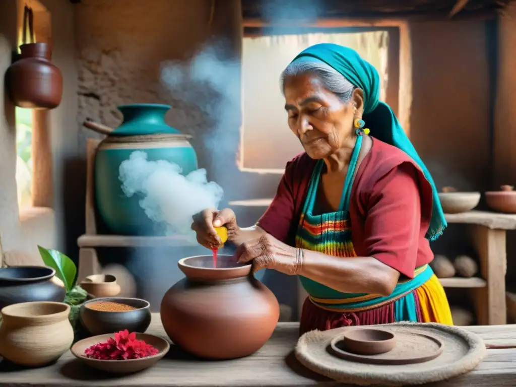 Preparación ancestral de agua de Jamaica por mujer maya en cocina rústica Anciana maya preparando agua de flor de Jamaica en cocina tradicional: Beneficios agua flor Jamaica mayas