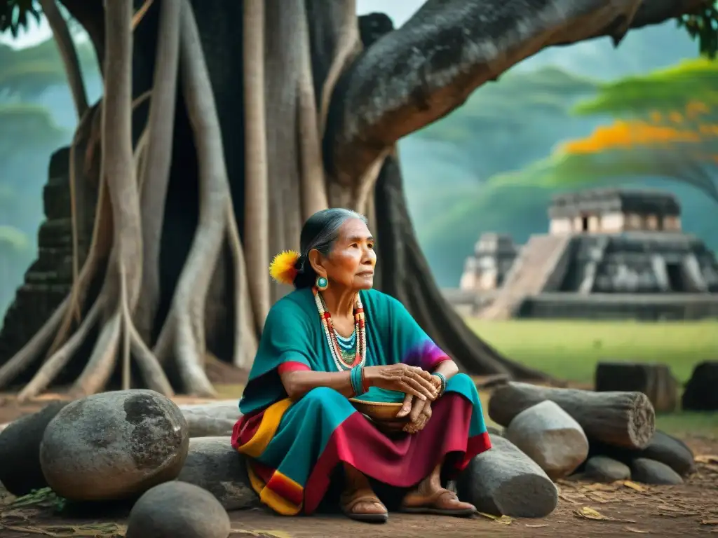 Una anciana maya teje bajo un ceiba, reflejando la rica historia y cultura de su pueblo