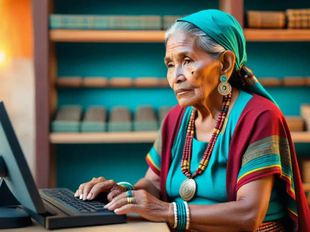 Anciana maya usando computadora, con libros antiguos y artefactos