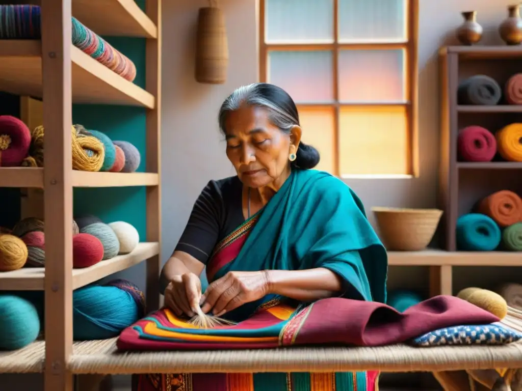 Una anciana maya tejiendo con destreza en un telar colorido, rodeada de textiles tradicionales en un ambiente cálido