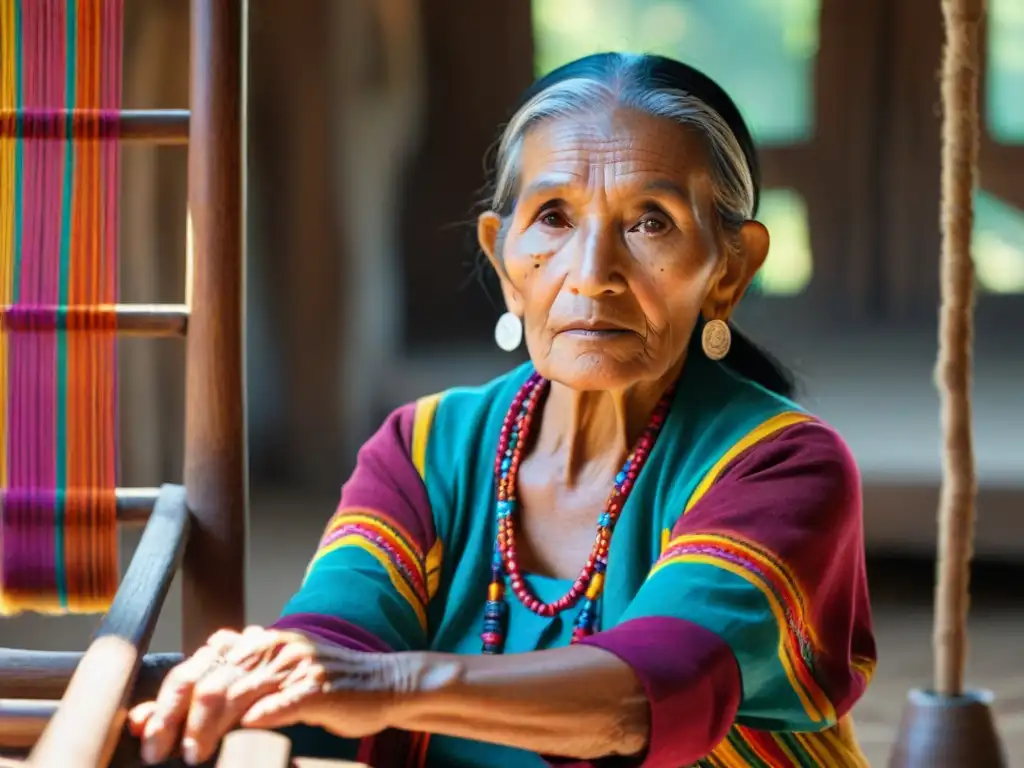 Una anciana maya teje con destreza en su telar, revitalizando lenguas mayas