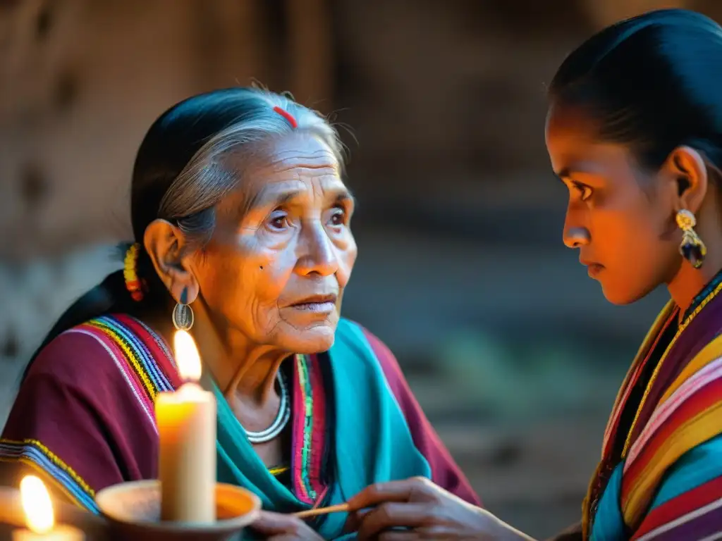 Una anciana maya enseña a jóvenes mayas en una habitación iluminada por velas, preservación idioma jóvenes mayas