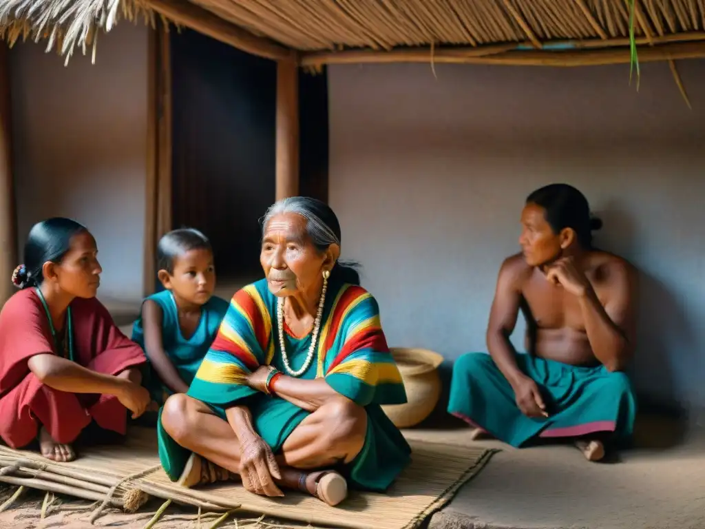 Anciana maya enseña tradiciones a niños bajo techo de paja en aldea