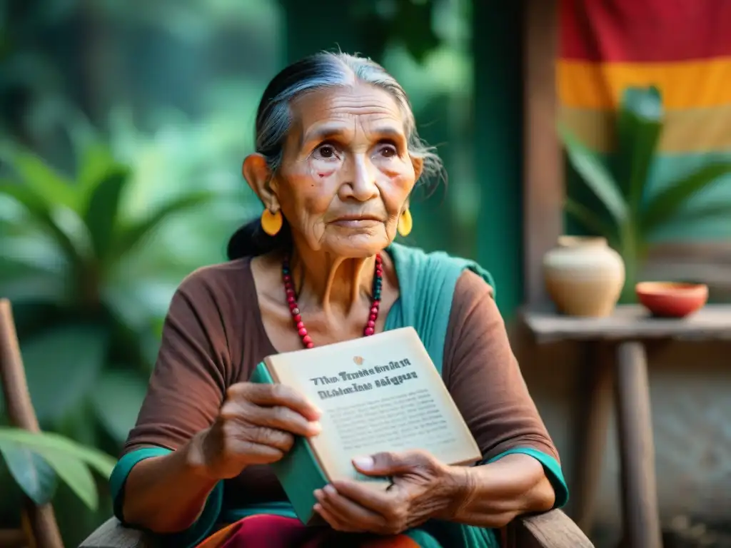 Sabiduría ancestral: retrato de una mujer Maya con determinación y conocimiento Anciana maya con expresión de sabiduría y determinación, rodeada de textiles coloridos y cerámica