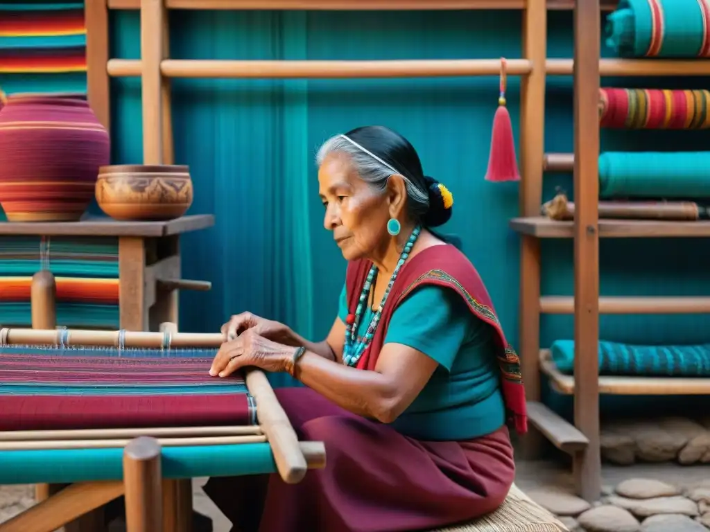 Una anciana maya teje con habilidad un huipil colorido en un telar tradicional, representación lenguas mayas entretenimiento