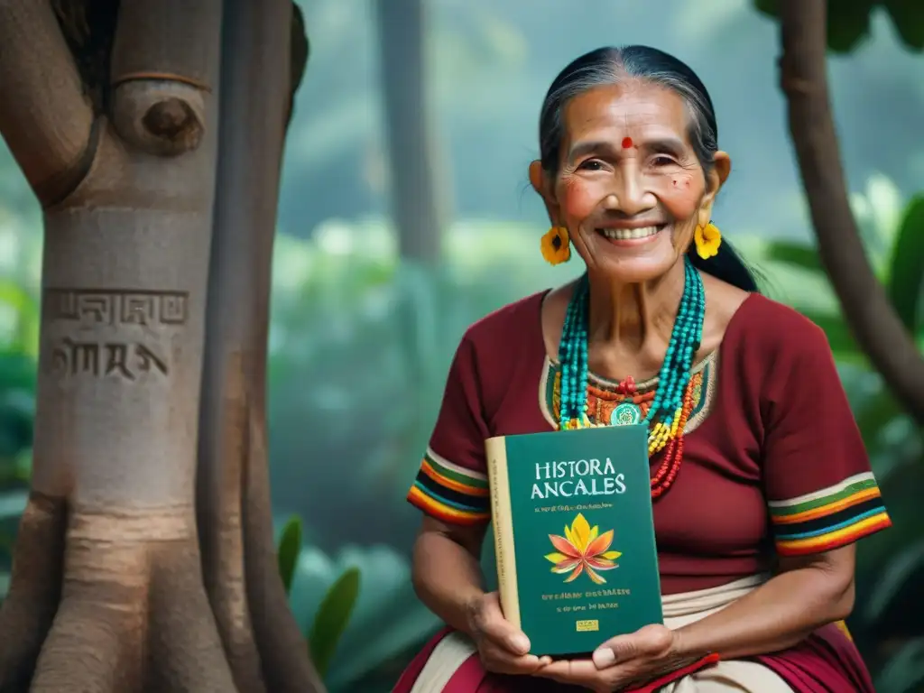 Sabiduría Maya: Historias Ancestrales bajo la Ceiba Anciana maya bajo ceiba, leyendo 'Historias Ancestrales' en hieroglíficos mayas
