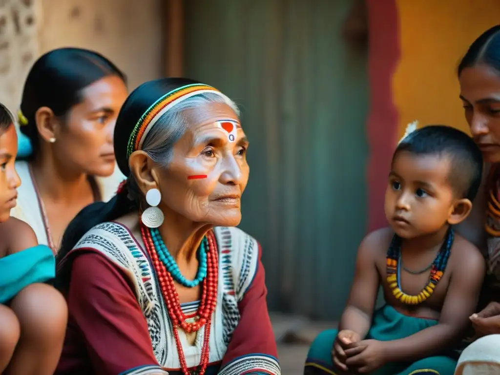 Anciana maya comparte historias en su idioma con niños, en un ambiente cálido y lleno de tradición