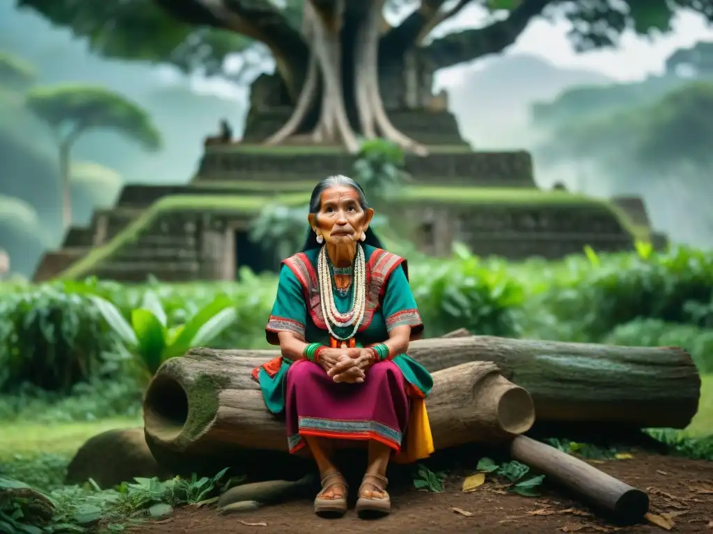 Anciana maya cuenta historias a niños bajo un árbol en la selva, mezclando cultura e historia